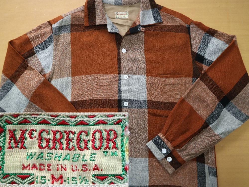 1950s McGREGOR オープンカラー ループ留め ウールシャツ size M 15-15 1/2 MADE IN USA ビンテージ  ヴィンテージ マクレガー　検索 ロカビリー