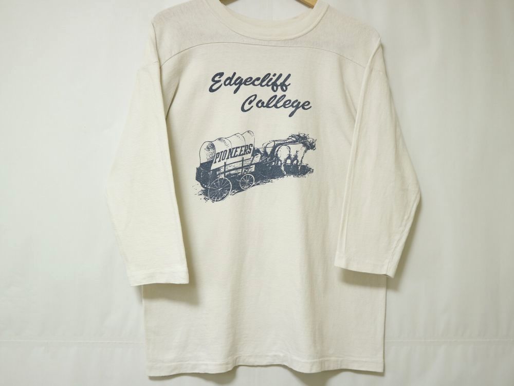 60s 70s ビンテージ 染み込み 3段 カレッジ プリント 七分袖 フットボール Tシャツ コットン 生成り USA製 //