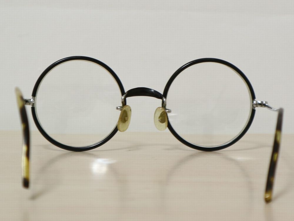 20s 30s アンティーク ビンテージ 黒縁 メガネ 丸眼鏡 テンプル 彫金仕上げ メンズ 度数 0.50