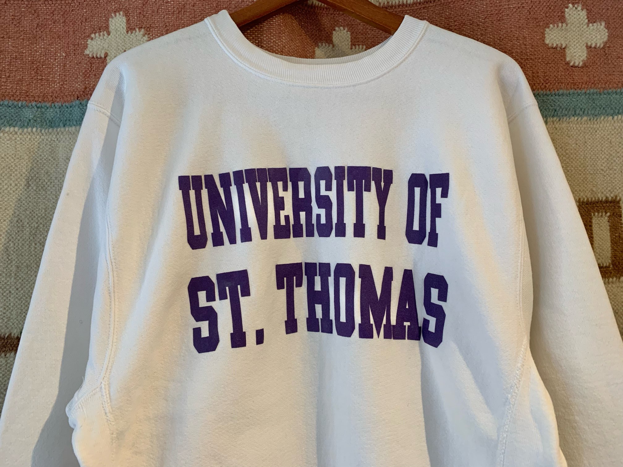 90s USA製 刺繍タグ チャンピオン Champion リバースウィーブ ST. THOMAS ビンテージ スウェット トレーナー US- XL  サイズ 白 紫 //