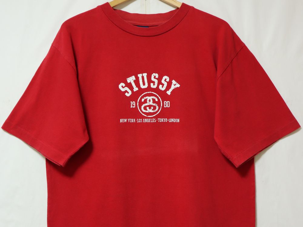 90s OLD STUSSY DESIGNED IN USA ビンテージ オールド ステューシー 紺タグ SS リンク シャネル ロゴ Tシャツ  シングルステッチ US-L 赤 //
